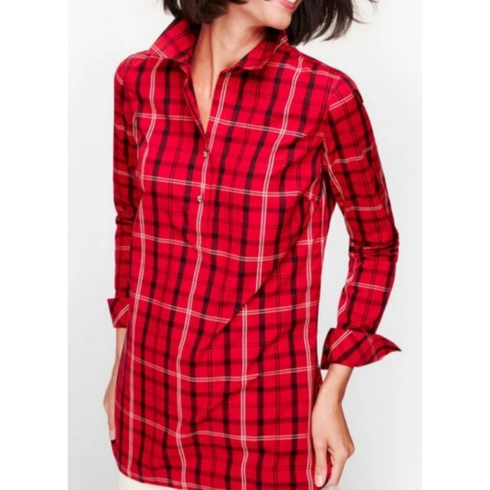 Talbots Womens Red Plaid Non-Iron Tunic Shirt Rhinestone Buttons Size 4‎ Tartan